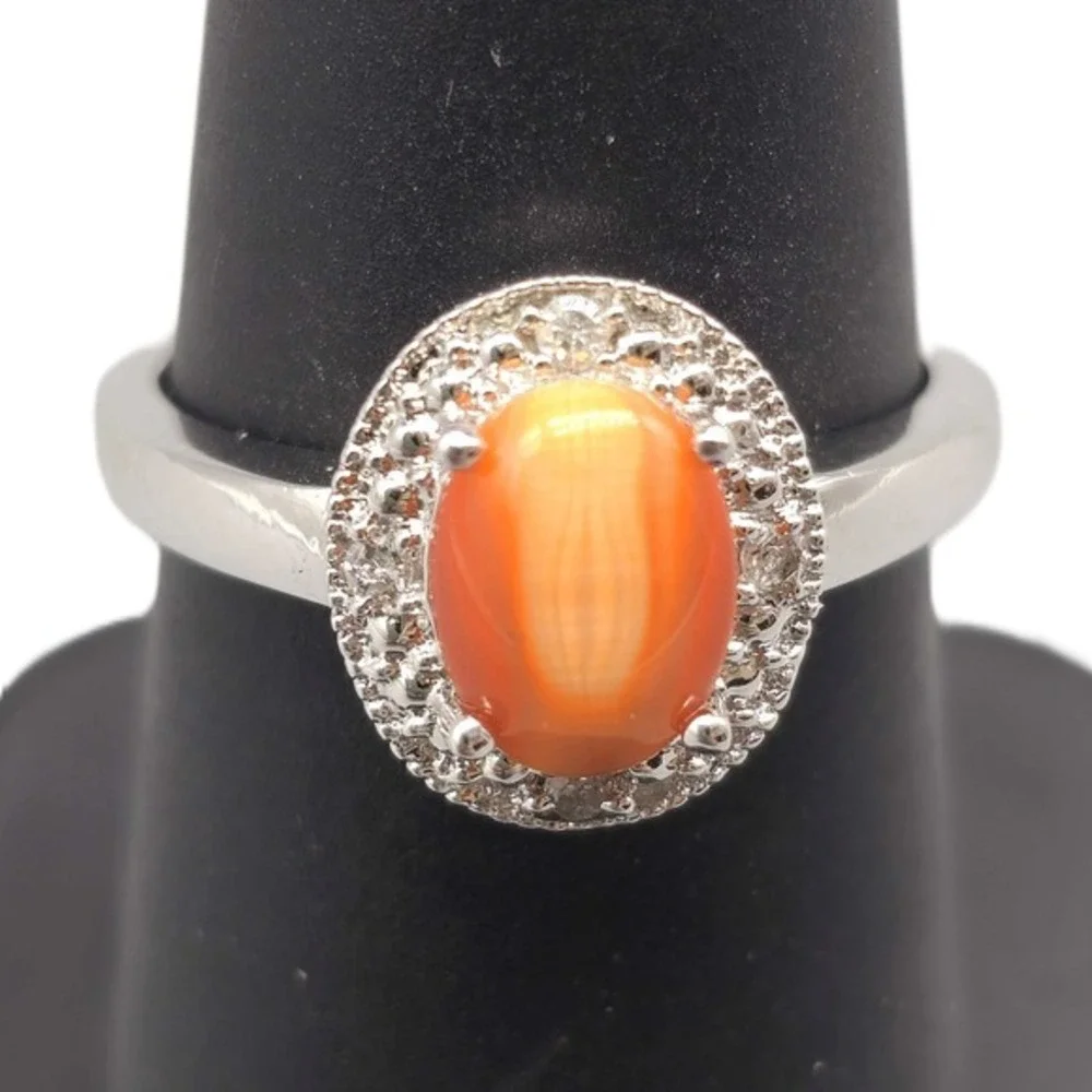 .925 SILVER DIAMOND & CRTD CAT EYE ORANGE RING SIZE 6.25 2.1G	(GNH022589)
